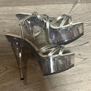 Maya shoes of Hollywood silver strap clear bottom heels
